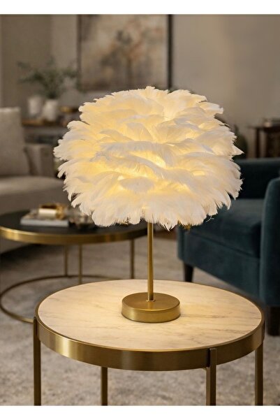 burenze Lüks Modern Bella Abajur Tüylü Beyaz Başlıklı Eskitme Gold Gövde Masa Lambası