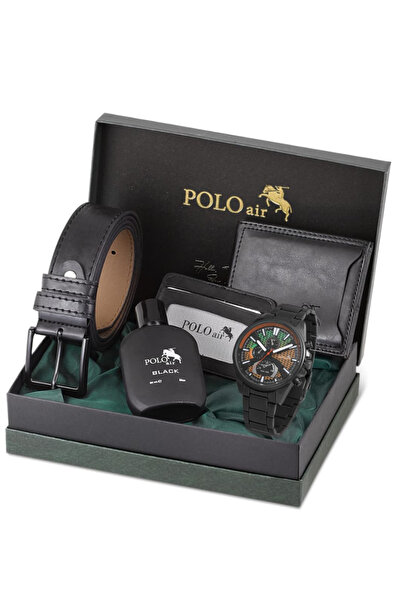 Polo Air Erkek Kol Saati Seti Cüzdan Kartlık Kemer Parfüm Kombin Siyah Renk KPL-0967E2