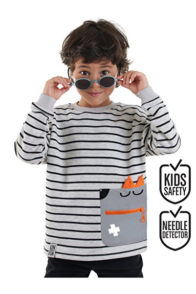 Denokids Cool Oversize Çizgili Gri Erkek Çocuk Sweatshirt