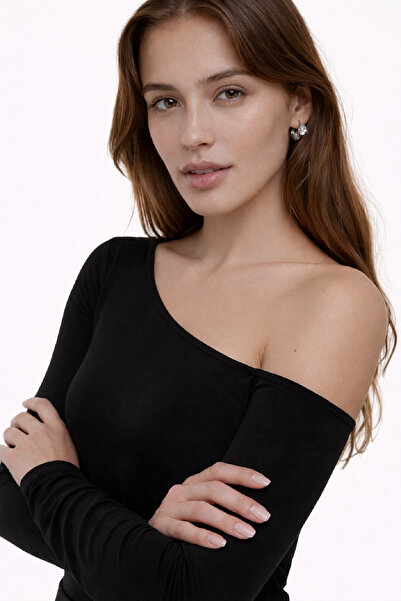 Baluxe Bluză neagră din bumbac cu un singur umăr, cu guler asimetric, cu două straturi