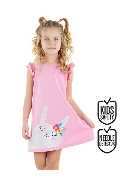 Denokids Tavşanlı Fırfırlı Pamuklu Kız Çocuk Pembe Yazlık Elbise