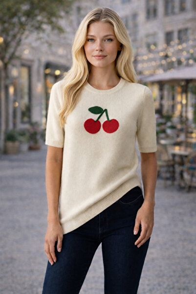 OYERGA MODA Women's Short Sleeve Cherry Patterned Sweater