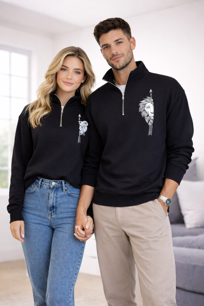 ahsenboutique Aslanin Eşide Asdoğan Black 3-Thread Half Zipper Double Sweatshirt Lover Couple Combination