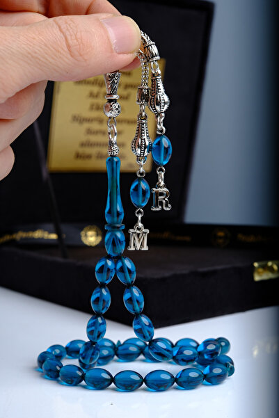 TESBİHEFENDİ Kutulu Tesbih, Harfli Tesbih - Gümüş Kaplama Püskül Ateş Kehribar Tesbih