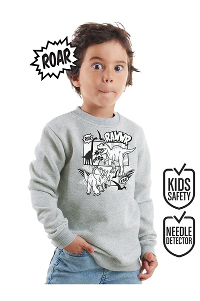 Denokids Rawr Dino Erkek Çocuk Gri Melanj Sweatshirt