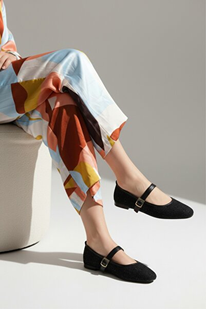 Cochines Kadın Siyah Tüvit Kumaş Günlük Ayakkabı Şık Tokalı Ortopedik Taban Günlük Ayakkabı Babet