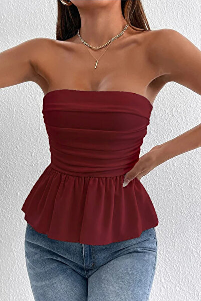 ecemore بلوزة حمراء كلاريت بدون حمالات مع تفاصيل طيات مجمعة في الأمام