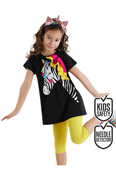 Denokids Zebracorn Siyah Sarı Fırfılı Kız Çocuk Yazlık T-Shirt Tunik Tayt Takım