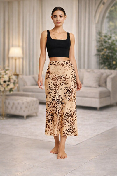 OYERGA MODA Women's Leopard Patterned Satin Skirt