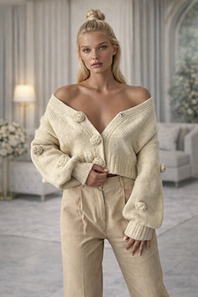 OYERGA MODA Cardigan crop cu detalii trandafiri pentru femei