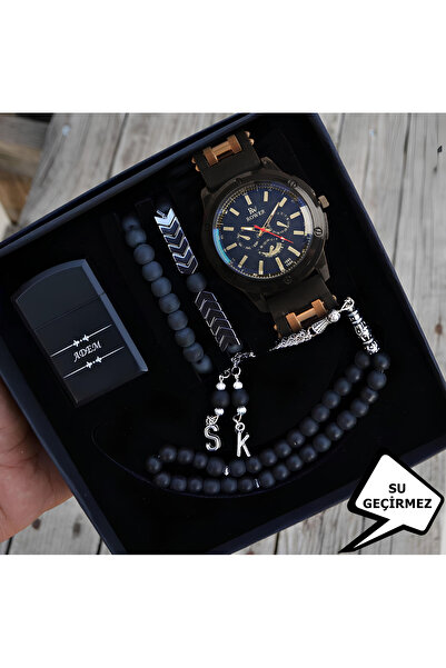SPOLO Su Geçirmez Erkek Kol Saati Takvimli Çakmak Tesbih Bileklik Seti
