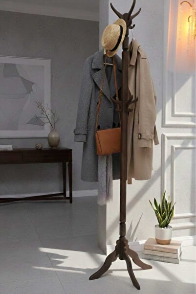 Ahşap Teslim Dekoratif Masif Ahşap Ayaklı Askılık Portmanto Ceket Askısı - Ceviz