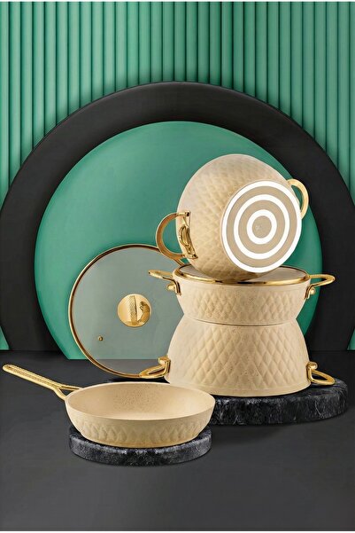 ÖZLİFE طقم أواني طهي من الجرانيت مكون من 7 قطع من إنسى، لون كريمي