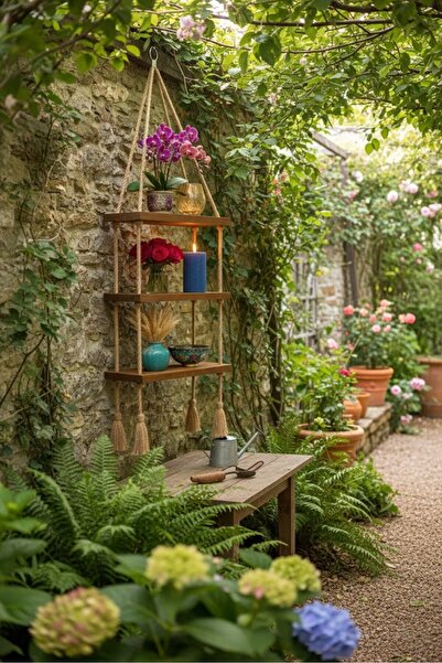 ATÖLYE DÜNYASI 3 Katlı Dekoratif Ahşap Halatlı Duvar Rafı Kitaplık & Çiçeklik...