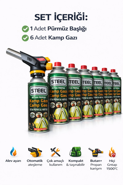 Janissary Profesyonel Pürmüz Başlığı + 6 Adet Butan Propan Kamp Gazı Seti (Ço...