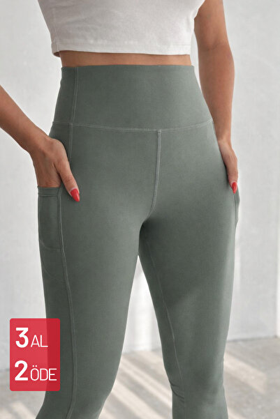 Mogi Butik Kadın Yüksek Bel Toparlayıcı Çift Cepli Leggings Fitness Tayt 3143