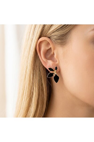 Candy Nuveria Siyah Mineli Altın Kaplama Yaprak Küpe