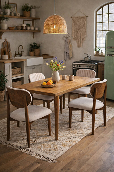 Lif Mobilya 4 Kişilik Özel desen Sandalye Yemek Takımı MDF Masa Ahşap Ayak