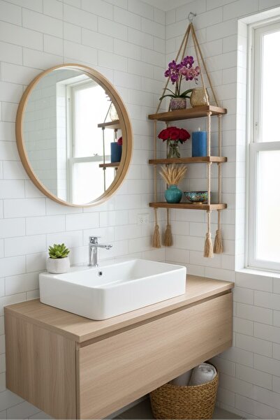 ATÖLYE DÜNYASI 3 Katlı Dekoratif Ahşap Halatlı Duvar Rafı Kitaplık & Çiçeklik...