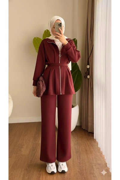 AKIZER Scuba Kumaş Kadın İkili Alt Üst Tesettür Takım Bordo
