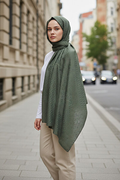 Gül İpek Moda Kadın İpeksi Jakar Dama Desenli Şık Şal Yeşil