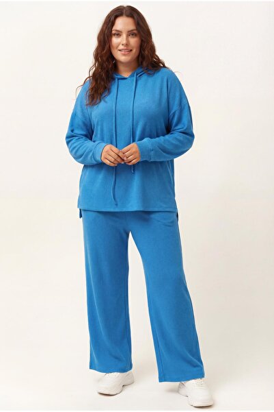 Ebsumu طقم رياضي نسائي مقاس كبير قماش مجدّل محبوك بغطاء رأس أزرق-أبيض