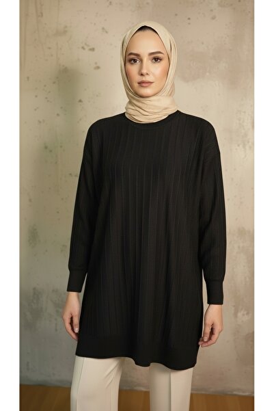 Hafel Tesettür Kadın Triko Soğuk İplik Tunik Boyuna Çizgili