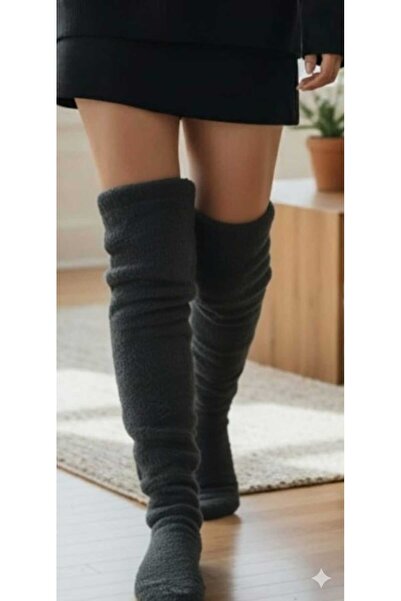MOONSAND Wellsoft Peluş Diz Üstü Ev Çorabı Uzun Çorap Patik Kışlık Unisex SİYAH
