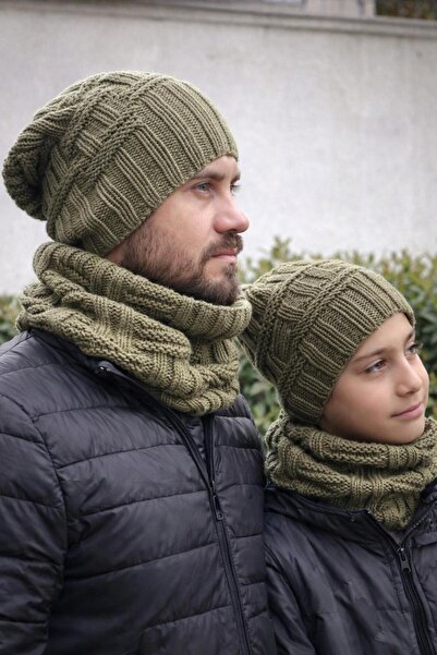 Gönülden Tasarım Baba Çocuk Bere Boyunluk Kombin Set Haki