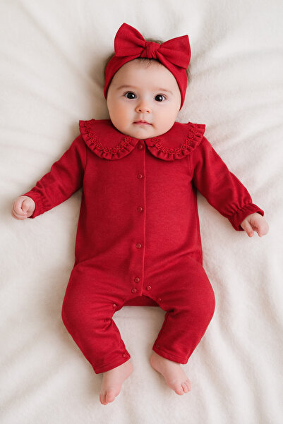 O Baby Kız Bebek Tulum & Fiyonklu Bandana Çiçek İşlemeli Bebe Yakalı - Kırmız...