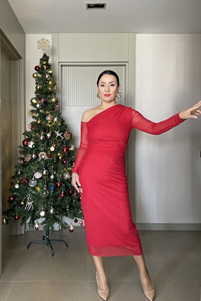 Butik Didem Sakinci Tulle Detailed Waist Draped Stretch Fabric Dress