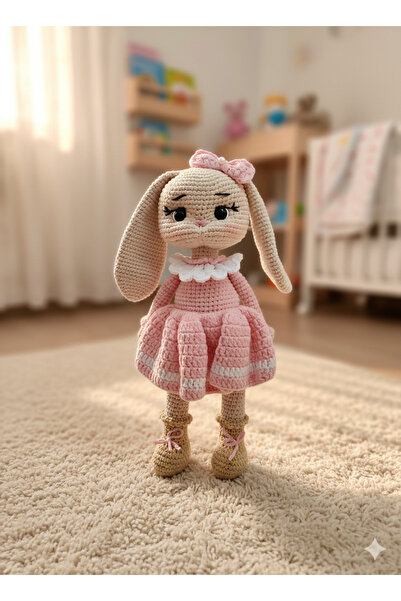 El Emeği Amigurumi Pembe Elbiseli Tavşan Kız Oyuncak Bebek