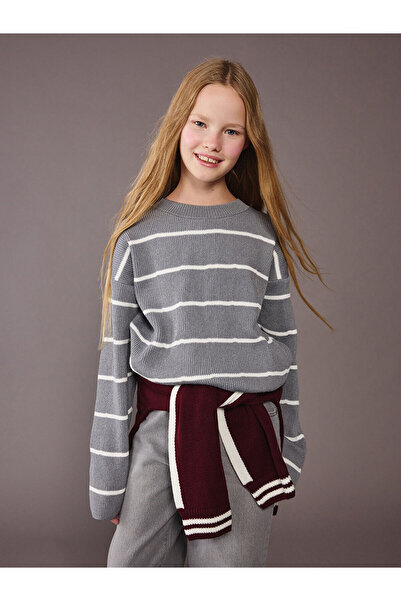 LC Waikiki LCW Kids Сив велосипеден пуловер с ленти на врата за момичета