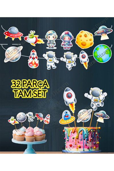 abjad 32 Parça Uzay Astronot Temalı Dev Set Doğum Günü Süsü, Banner Pasta Kür...