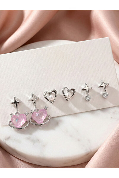 Happy Vibes 6'lı Y2K Esintili Pembe Kalp & İnci Yıldız Küpe Seti - Paslanmaz Çelik