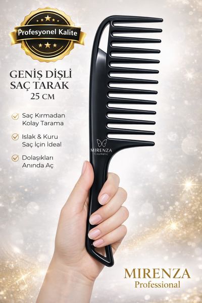mirenza cosmetic Saç Açıcı Kuaför Tarağı 25 Cm Geniş Dişli Dolaşık Çözme Bukle Tarama