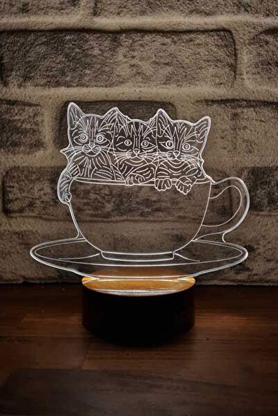 BY-LAMP Kupadaki Kediler Figürlü Dekoratif Hediye Led Masa Lambası | 7 Işık Rengi | Ahşap Taban