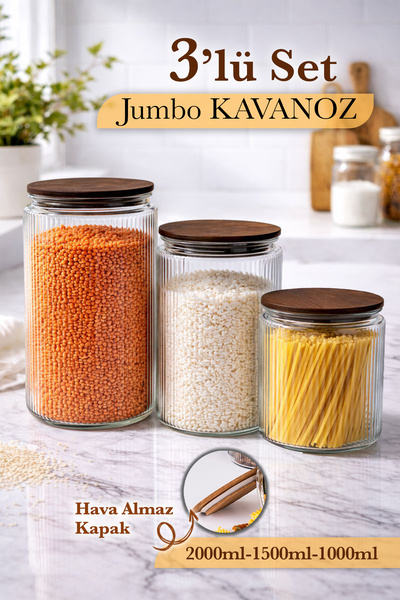 naturelove 3'lü Etiketli Cam Kavanoz Seti – Bambu Vakum Kapak Çizgili Erzak Un Bakliyat Saklama Kabı 1-1,5-2 Lt