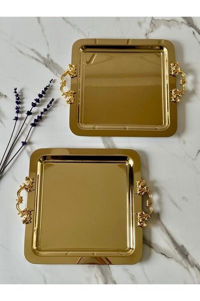 Melinda 2 ADET Gold Kare Çıkarılabilir GOLD Kulp Detaylı Çay,Kahve,İkram Serv...