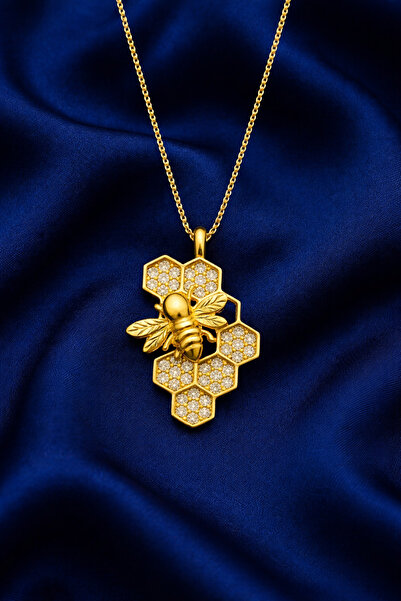 KAR DİAMOND 14 Ayar Altın Zincirli Zirkon Taşlı Bal Peteği Arı Kolye – Sertifikalı Özel Işıklı Hediye Kutulu