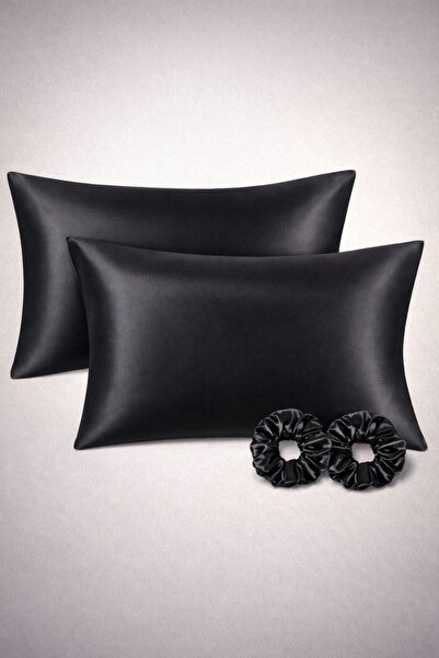 DUSK Ipek Saten 2 Adet 50x70 Yastık Kılıfı + 2 Adet Scrunchie Toka Kıvırcık Saçlılar