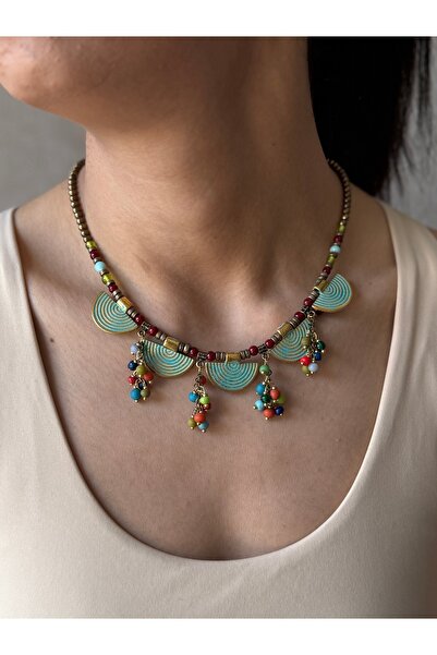 dela otantik قلادة مطرزة يدويًا باللون الفيروزي - قلادة نسائية بوهيمية عرقية ...