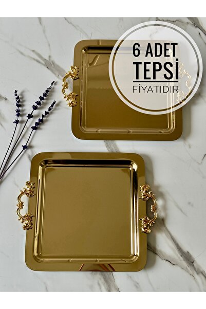Melinda 6 ADET GOLD Kare Çıkarılabilir GOLD Kulp Detaylı Çay,kahve,ikram Servis Sunum Tepsisi 21x21