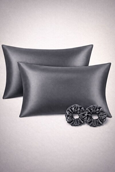 DUSK Ipek Saten 2 Adet 50x70 Yastık Kılıfı + 2 Adet Scrunchie Toka Kıvırcık S...
