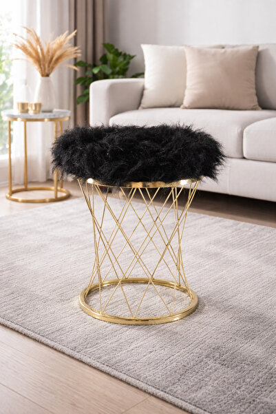 prototipX Pota Siyah Döşemeli Puf Tabure | Siyah Peluş Kumaş | Modern & Minim...