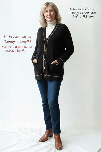 Laden Knitwear Women's Angora Plus Size Glitter Detailed Thick Jacket Winter Mother Black Cardigan