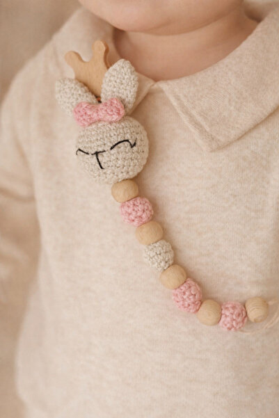 Homesinti Kişiye Özel İsimli Amigurumi Tavşan Emzik Zinciri | El Yapımı Örgü Boncuklu Bebek Emzik Askısı