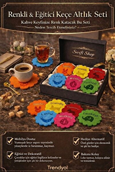 SwiftShop 6'lı Renkli Keçe Bardak Altlığı Seti - İngilizce Eğitici Kelimeli D...