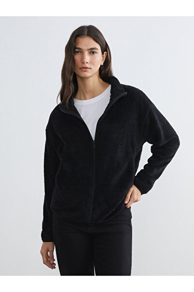 LC Waikiki Lcwaikiki basic black Mock Neck women's fleece cardigan