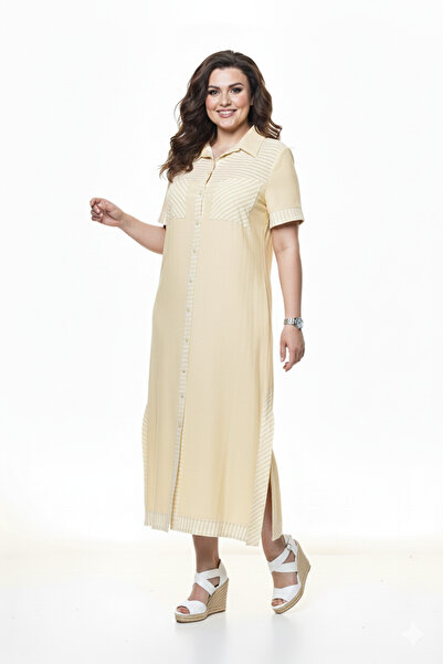 Moday Women's Plus Size Buttoned Shirt Collar Pocket Summer Long Dress A3-4032